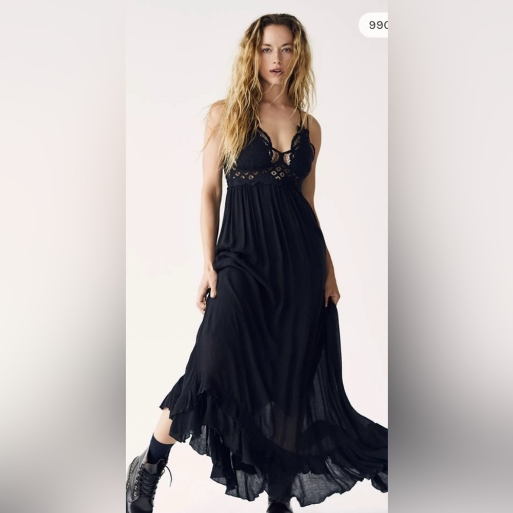 Free People Adella Black Maxi Slip Dress- Small
